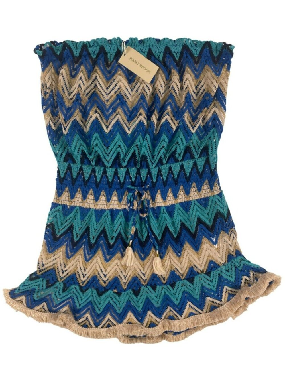 Ramy Brook Arrika Metallic Crochet Sun Dress Mini Blue Crochet Tassels Sz XL NEW